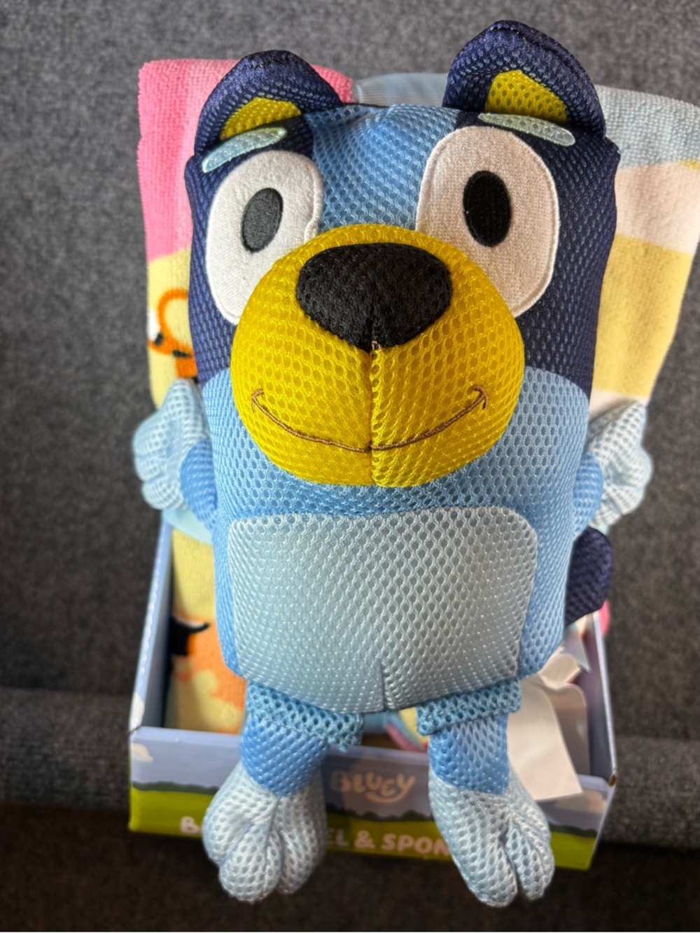 Bluey bath towel and sponge